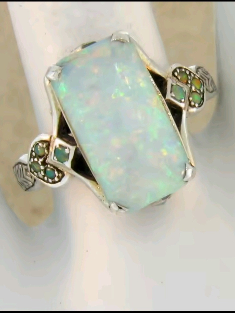 Sterling Silver Opal Dress Ring - Iridescent Green-Blue Opal